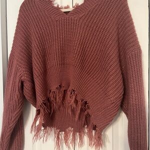 Chic Fringed V-Neck Sweater - Dusty Rose